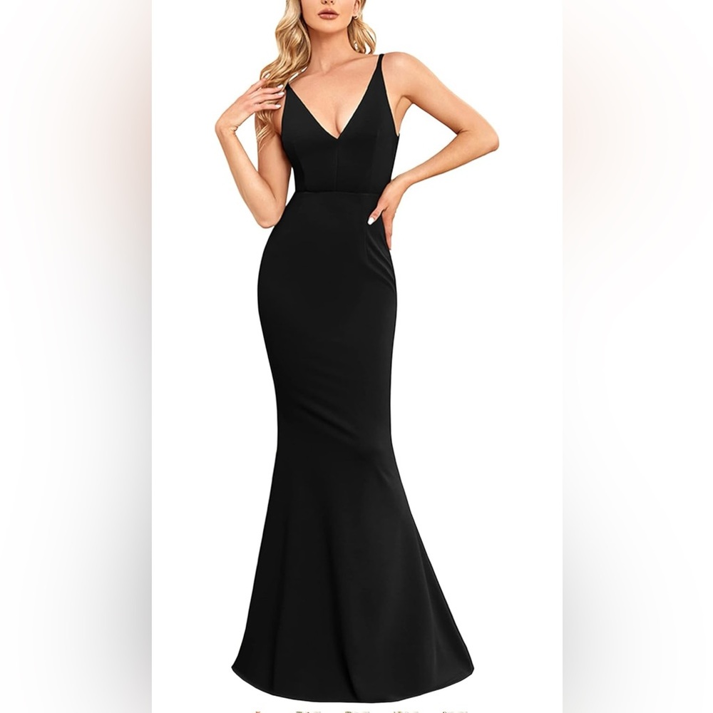 BUPT Dress Long Evening Formal V Neck Bodycon Mermaid Dress Medium Black NWT
